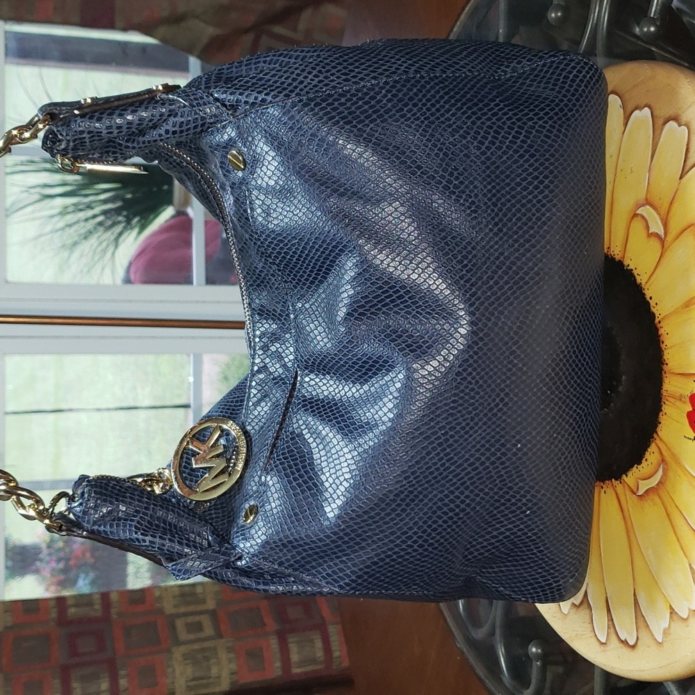 💘🖤💘 MICHAEL KORS NAVY BLUE PEBBLED LEATHER CHAIN HOBO TASSEL SHOULDER BAG